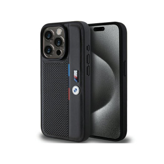 BMW Coque noire rigide perforée avec ligne tricolore pour iPhone 15 Pro