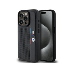 BMW Coque noire rigide perforée avec ligne tricolore pour iPhone 15 Pro