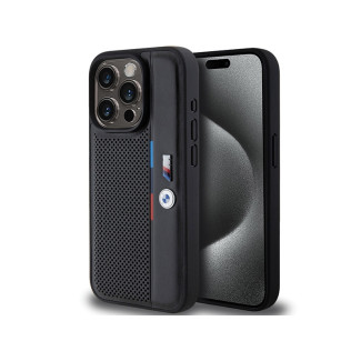 BMW Coque noire rigide perforée avec ligne tricolore pour iPhone 15 Pro Max