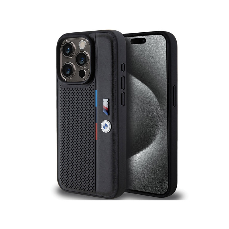 BMW Coque noire rigide perforée avec ligne tricolore pour iPhone 15 Pro Max