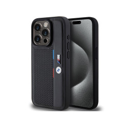 BMW Coque noire rigide perforée avec ligne tricolore pour iPhone 15 Pro Max