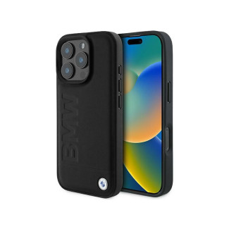 BMW Coque noire rigide en cuir estampée pour iPhone 16 Pro
