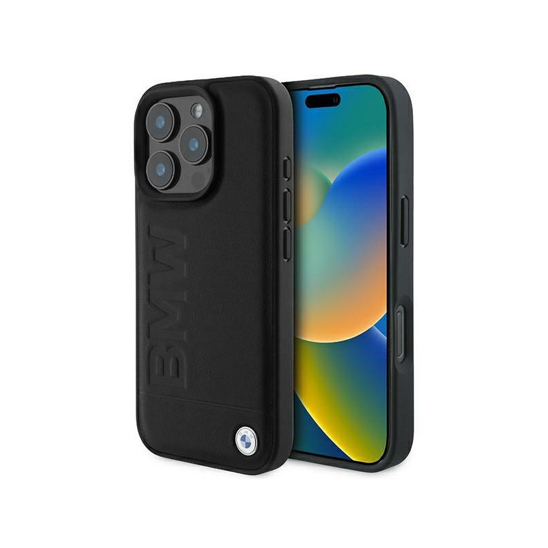BMW Coque noire rigide en cuir estampée pour iPhone 16 Pro
