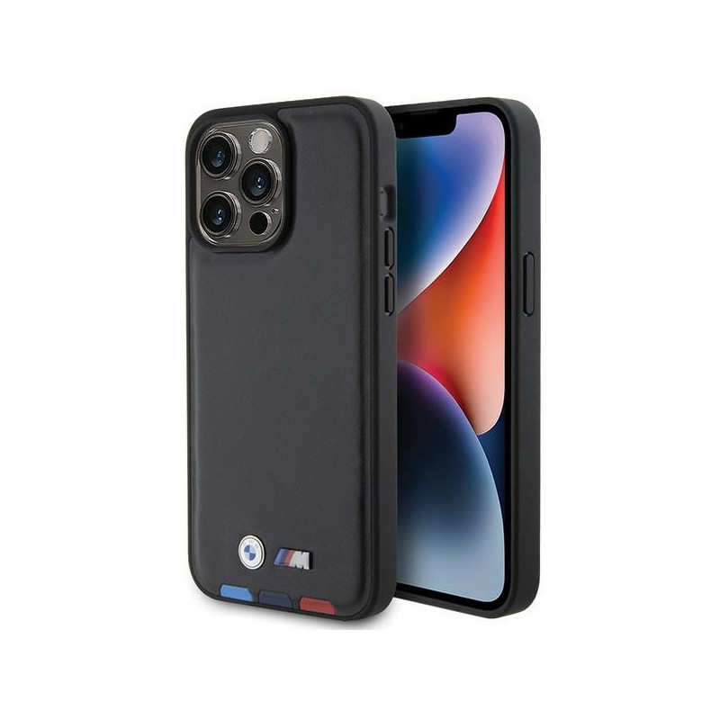 BMW Coque noire en cuir estampé tricolore pour iPhone 15 Pro Max