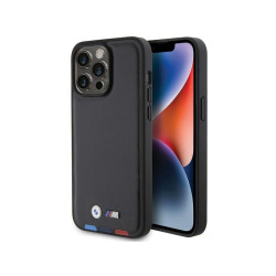 BMW Coque noire en cuir estampé tricolore pour iPhone 15 Pro Max