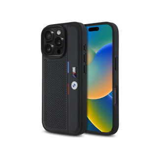 BMW Coque pour iPhone 16 Pro Max noire M Ligne Perforée Détail Tricolore