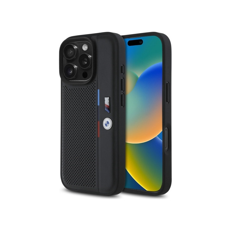 BMW Coque pour iPhone 16 Pro Max noire M Ligne Perforée Détail Tricolore BMW Coque pour iPhone 16 Pro Max noire M Ligne Perforée Détail Tricolore