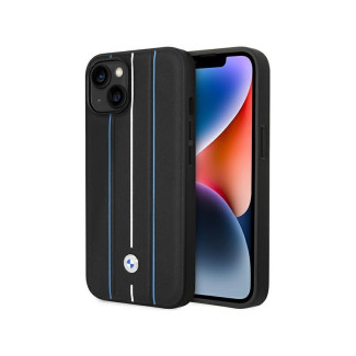 BMW iPhone 13/14/15 Coque Rigide Noire Cuir Estampé Lignes Bleues