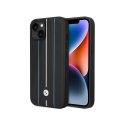 BMW iPhone 13/14/15 Coque Rigide Noire Cuir Estampé Lignes Bleues