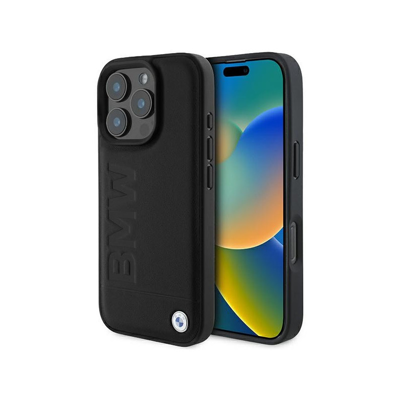 BMW Coque pour iPhone 16 Pro Max noire Cuir Logo Estampé BMW Coque pour iPhone 16 Pro Max noire Cuir Logo Estampé