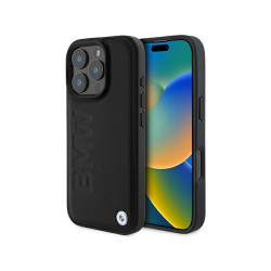 BMW Coque pour iPhone 16 Pro Max noire Cuir Logo Estampé