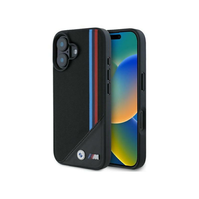 BMW iPhone 16 black hardcase M Meshed Tricolor Stripes MagSafe