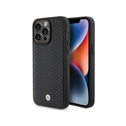 BMW Coque noire en cuir à motif diamant pour iPhone 15 Pro
