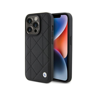 BMW Coque noire en cuir matelassé pour iPhone 15 Pro Max