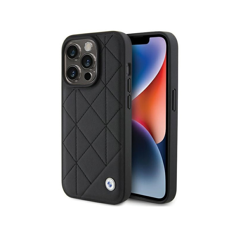 BMW Coque noire en cuir matelassé pour iPhone 15 Pro Max BMW Coque noire en cuir matelassé pour iPhone 15 Pro Max