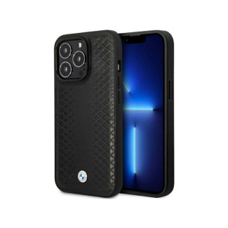 BMW Coque noire en cuir à motif diamant pour iPhone 14 Pro Max MagSafe
