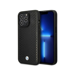 BMW Coque noire en cuir à motif diamant pour iPhone 14 Pro Max MagSafe