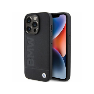 BMW Coque noire en cuir avec estampillage chaud pour iPhone 15 Pro