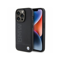 BMW Coque noire en cuir avec estampillage chaud pour iPhone 15 Pro