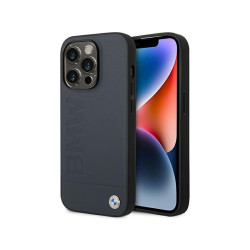 BMW Coque bleu marine rigide en cuir pour iPhone 14 Pro Max MagSafe