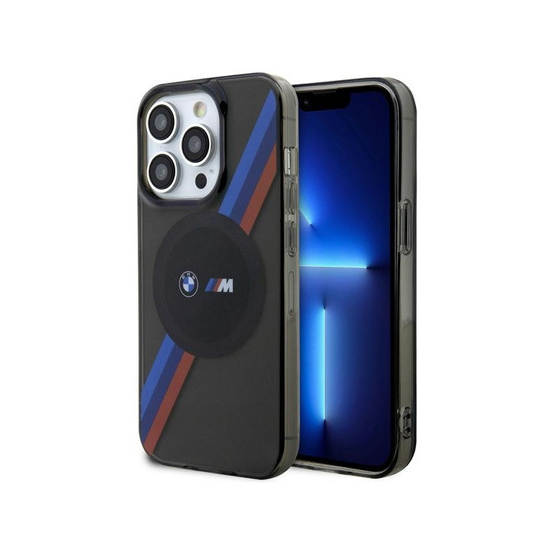 BMW Coque grise rigide à rayures tricolores pour iPhone 14 Pro Max MagSafe BMW Coque grise rigide à rayures tricolores pour iPhone 14 Pro Max MagSafe