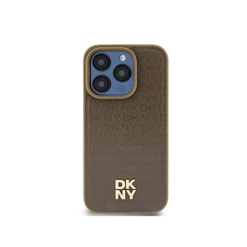 DKNY Coque rigide marron cuir logo métal MagSafe pour iPhone 13/14/15