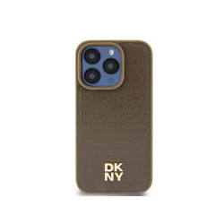 DKNY Coque rigide marron cuir logo métal MagSafe pour iPhone 13/14/15