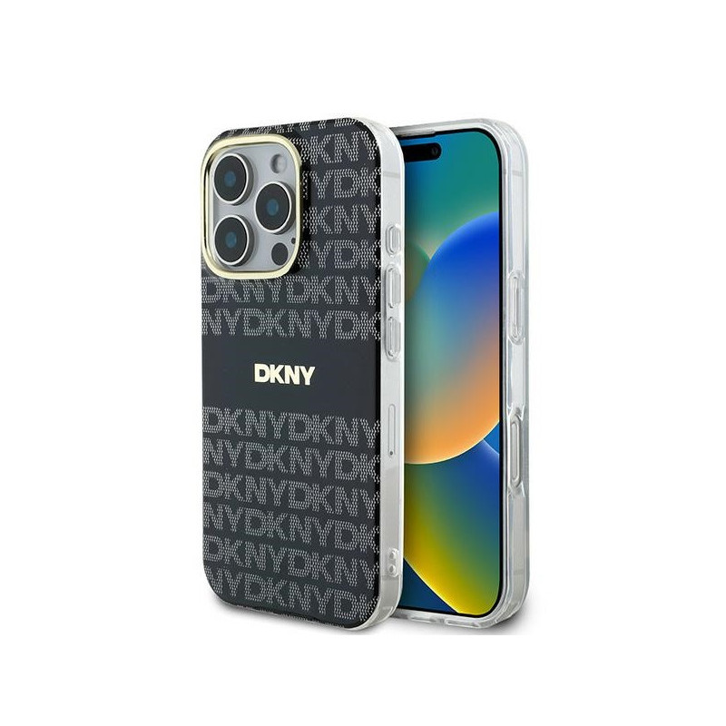 DKNY Coque pour iPhone 16 Pro rigide noire texture répétitive avec rayures DKNY Coque pour iPhone 16 Pro rigide noire texture répétitive avec rayures