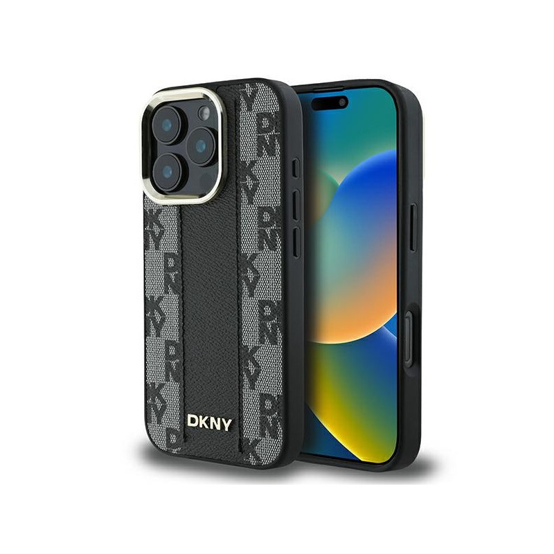 DKNY Coque pour iPhone 16 Pro rigide noire damier Magsafe