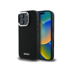 DKNY Coque pour iPhone 16 Pro rigide noire uni logo argent MagSafe