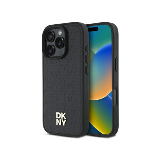 DKNY Coque iPhone 16 Pro rigide noire motif répétitif empilage logo MagSafe