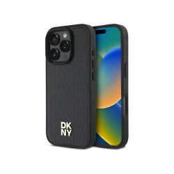 DKNY Coque iPhone 16 Pro rigide noire motif répétitif empilage logo MagSafe