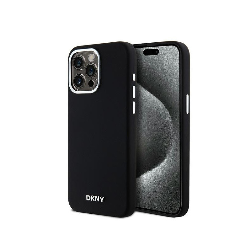 DKNY Coque rigide noire pour iPhone 15 Pro Max silicone logo métal MagSafe