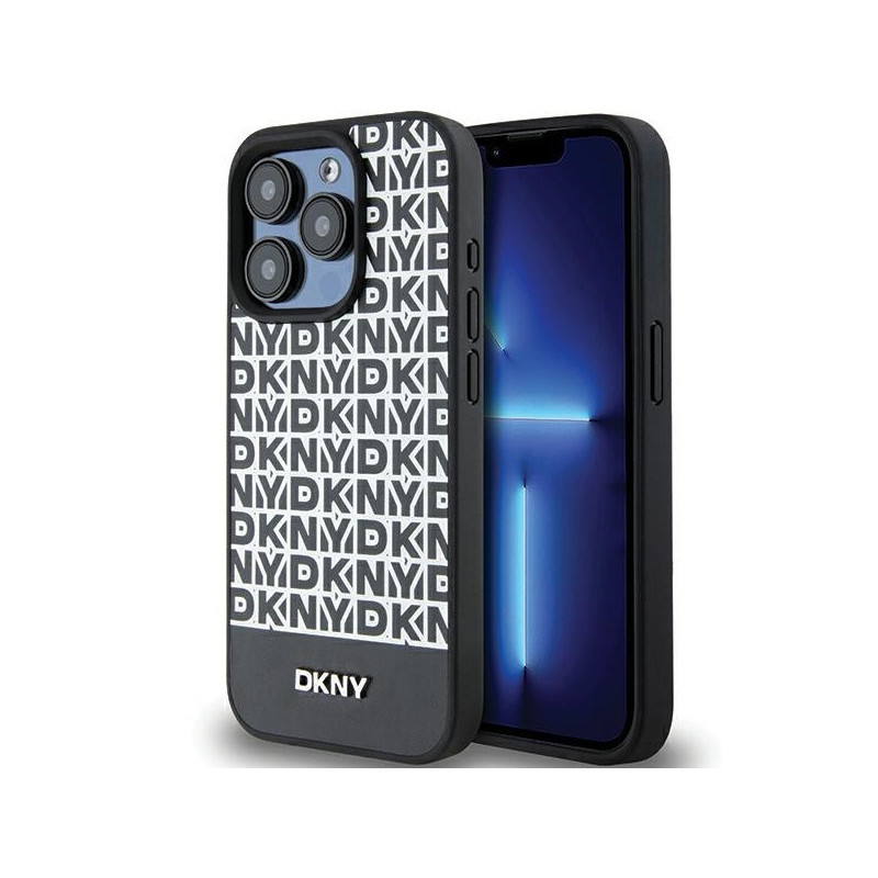 DKNY Coque rigide noire cuir logo métal MagSafe pour iPhone 15 Pro Max DKNY Coque rigide noire cuir logo métal MagSafe pour iPhone 15 Pro Max