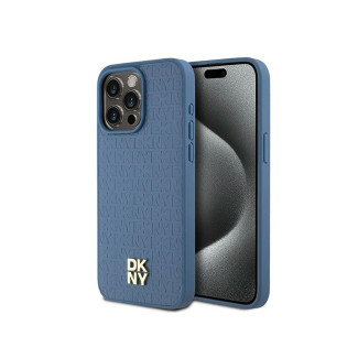 DKNY Coque rigide bleue pour iPhone 15 Pro Max cuir mono logo métal MagSafe