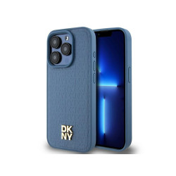 DKNY Coque pour iPhone 15 Pro Bleue Cuir Monogramme & Logo Métal MagSafe