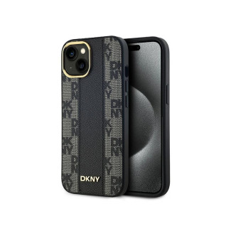DKNY Coque rigide noire cuir damier MagSafe pour iPhone 14 Plus/15 Plus