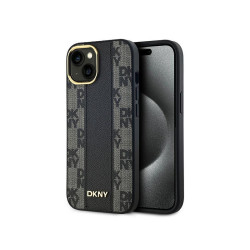DKNY Coque rigide noire cuir damier MagSafe pour iPhone 14 Plus/15 Plus