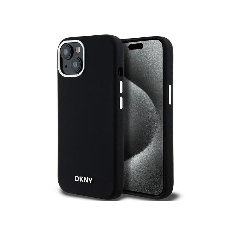 DKNY Coque silicone noire petit logo métal pour iPhone 14 Plus/15 Plus