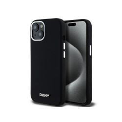 DKNY Coque silicone noire petit logo métal pour iPhone 14 Plus/15 Plus