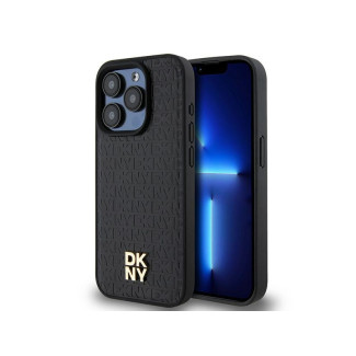 DKNY Coque pour iPhone 15 Pro noire Cuir Monogramme Logo Métal MagSafe