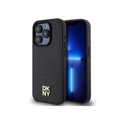 DKNY Coque pour iPhone 15 Pro noire Cuir Monogramme Logo Métal MagSafe
