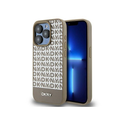 DKNY Coque pour iPhone 15 Pro Marron Cuir Motif Imprimé Logo Métal MagSafe