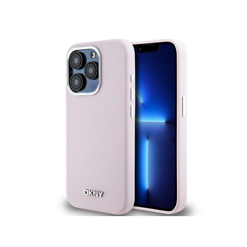 DKNY Coque iPhone 15 Pro rigide rose silicone petit logo métal MagSafe