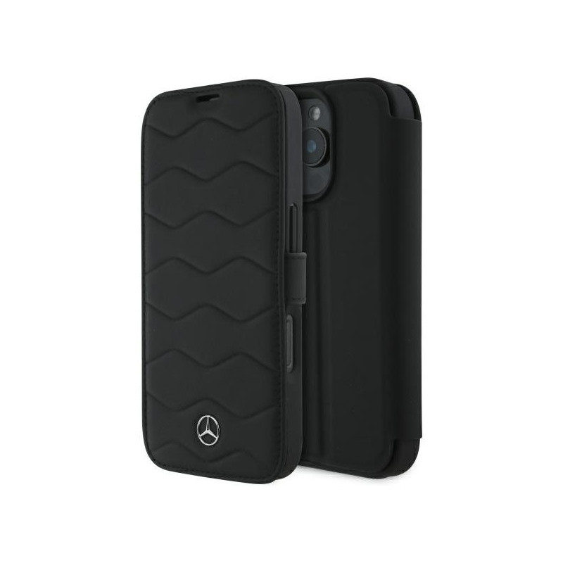Mercedes iPhone 16 Pro Max black bookcase MB Waves Leather Mercedes iPhone 16 Pro Max black bookcase MB Waves Leather