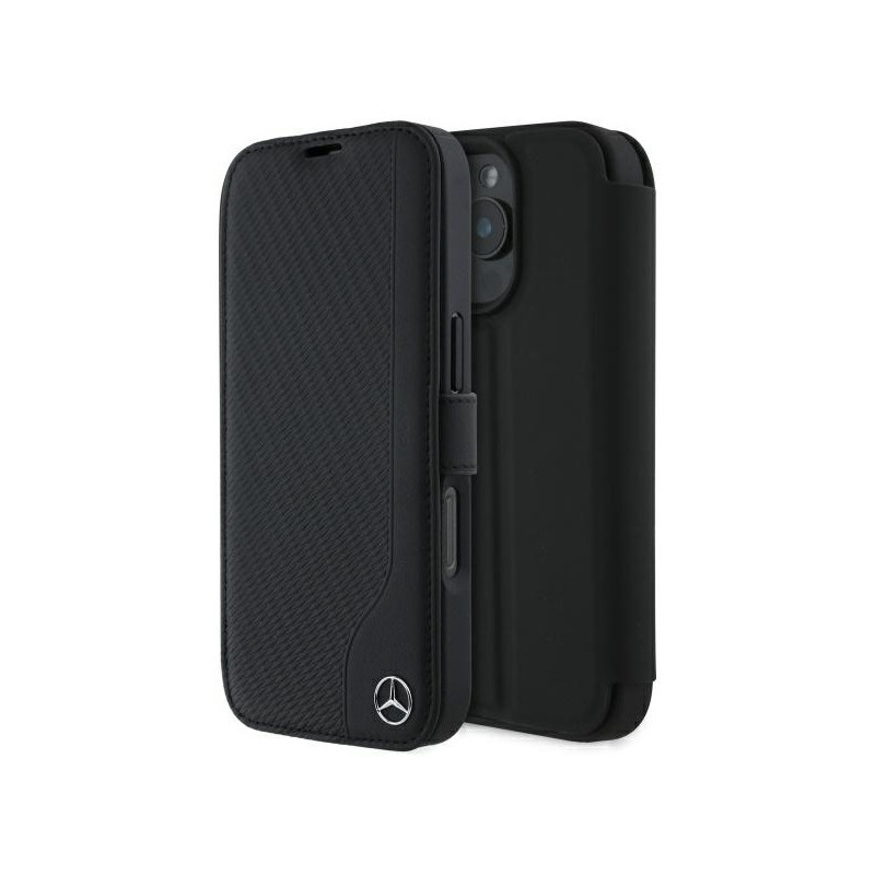 Mercedes iPhone 16 Pro black bookcase Leather Wood Imitation