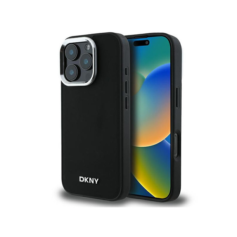 DKNY Coque pour iPhone 16 Pro Max rigide noire uni logo argent MagSafe DKNY Coque pour iPhone 16 Pro Max rigide noire uni logo argent MagSafe
