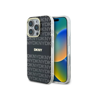 DKNY Coque iPhone 16 Pro Max rigide noire texture répétitive avec rayures