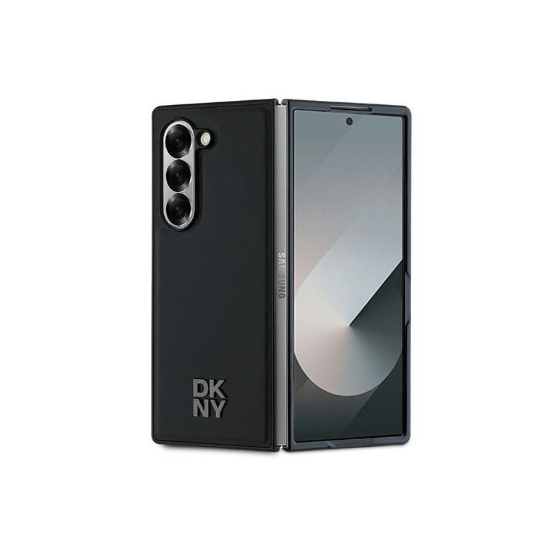 DKNY Coque Samsung Galaxy Z Fold6 noire MagSafe cuir uni logo métal empilé DKNY Coque Samsung Galaxy Z Fold6 noire MagSafe cuir uni logo métal empilé