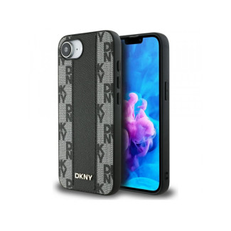 DKNY Coque cuir noire pour iPhone 16e damier mono MagSafe